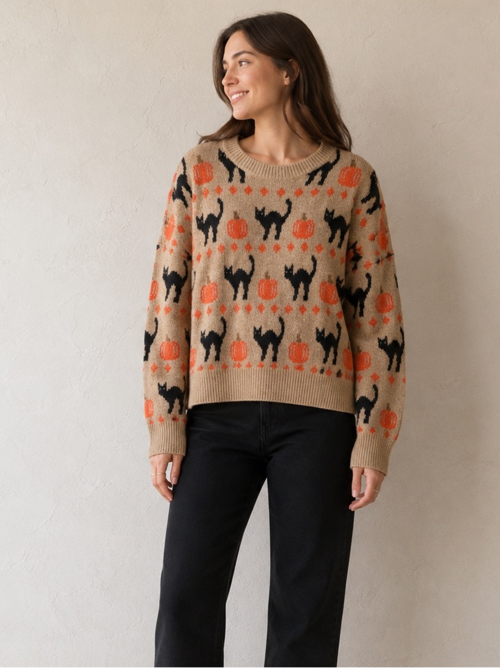 Vince Camuto Black Cat Pumpkin Sweater Halloween Witchy Fall Novelty Storybook L